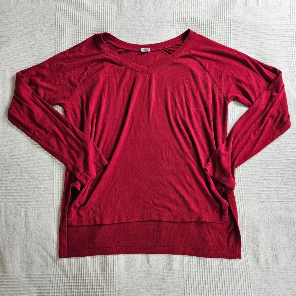PJ Harlow Frankie Red Ribbed V-Neck Long Sleeve High Low Loungewear Top Womens M